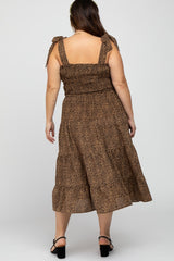 Brown Leopard Shoulder Tie Smocked Plus Midi Dress