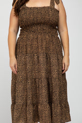 Brown Leopard Shoulder Tie Smocked Plus Midi Dress