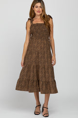 Brown Leopard Print Shoulder Tie Smocked Maternity Midi Dress