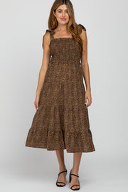 Brown Leopard Print Shoulder Tie Smocked Maternity Midi Dress