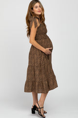 Brown Leopard Print Shoulder Tie Smocked Maternity Midi Dress