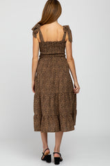 Brown Leopard Print Shoulder Tie Smocked Maternity Midi Dress