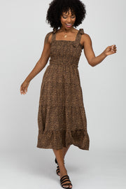 Brown Leopard Print Shoulder Tie Smocked Midi Dress