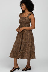 Brown Leopard Print Shoulder Tie Smocked Midi Dress