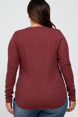 Burgundy Ribbed Button Front Long Sleeve Plus Top