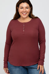 Burgundy Ribbed Button Front Long Sleeve Maternity Plus Top