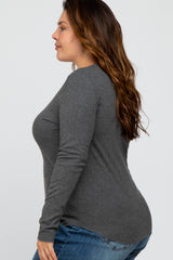 Charcoal Ribbed Button Front Long Sleeve Plus Top