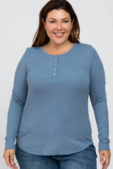 Blue Ribbed Button Front Long Sleeve Maternity Plus Top