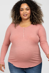 Mauve Ribbed Button Front Long Sleeve Maternity Plus Top