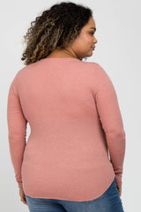 Mauve Ribbed Button Front Long Sleeve Maternity Plus Top