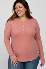 Mauve Ribbed Button Front Long Sleeve Maternity Plus Top