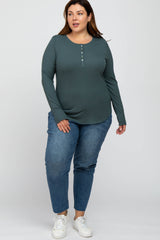 Teal Ribbed Button Front Long Sleeve Plus Top