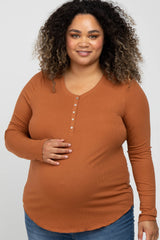 Orange Ribbed Button Front Long Sleeve Maternity Plus Top