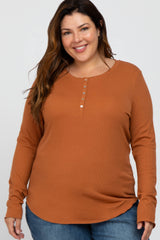 Orange Ribbed Button Front Long Sleeve Maternity Plus Top