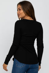 Black Ribbed Button Front Long Sleeve Maternity Top