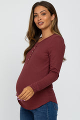 Burgundy Ribbed Button Front Long Sleeve Maternity Top