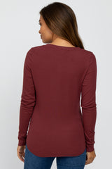 Burgundy Ribbed Button Front Long Sleeve Maternity Top