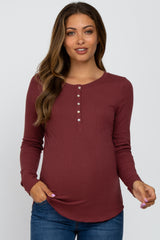 Burgundy Ribbed Button Front Long Sleeve Maternity Top