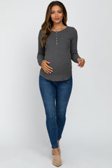 Charcoal Ribbed Button Front Long Sleeve Maternity Top