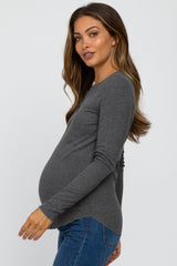 Charcoal Ribbed Button Front Long Sleeve Maternity Top