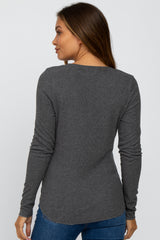 Charcoal Ribbed Button Front Long Sleeve Maternity Top