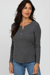 Charcoal Ribbed Button Front Long Sleeve Top