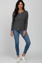 Charcoal Ribbed Button Front Long Sleeve Top