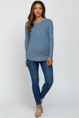 Blue Ribbed Button Front Long Sleeve Maternity Top