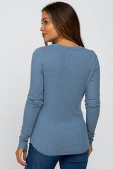 Blue Ribbed Button Front Long Sleeve Maternity Top