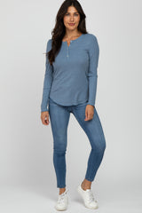 Blue Ribbed Button Front Long Sleeve Top