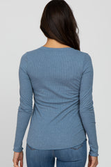 Blue Ribbed Button Front Long Sleeve Top