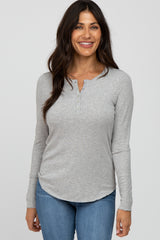 Heather Grey Ribbed Button Front Long Sleeve Maternity Top