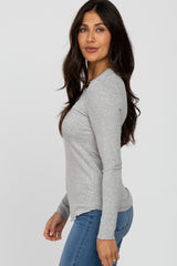 Heather Grey Ribbed Button Front Long Sleeve Top