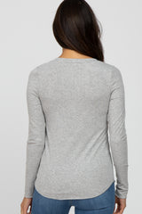 Heather Grey Ribbed Button Front Long Sleeve Top