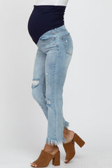 Light Blue Fringe Hem Distressed Cropped Maternity Jean