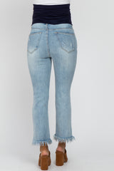 Light Blue Fringe Hem Distressed Cropped Maternity Jean