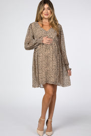 Beige Leopard Print Chiffon Back Cutout Maternity Dress