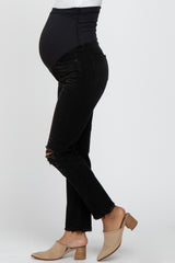 Black Distressed Ripped Knee Cropped Maternity Jeans