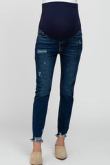 Navy Blue Distressed Frayed Hem Maternity Jeans