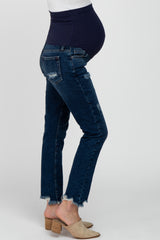 Navy Blue Distressed Frayed Hem Maternity Jeans