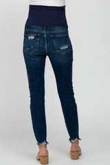 Navy Blue Distressed Frayed Hem Maternity Jeans