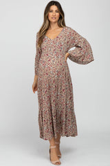 Taupe Floral Tiered Bell Sleeve Maternity Midi Dress