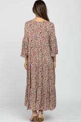 Taupe Floral Tiered Bell Sleeve Maternity Midi Dress