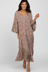 Taupe Floral Tiered Bell Sleeve Maternity Midi Dress