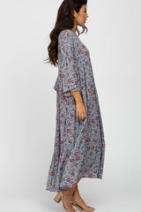 Grey Floral Tiered Bell Sleeve Midi Dress