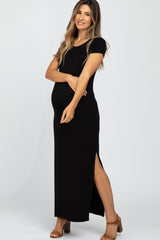 Black Short Sleeve Side Slit Maternity Maxi Dress