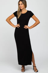 Black Short Sleeve Side Slit Maternity Maxi Dress