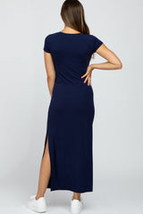 Navy Blue Short Sleeve Side Slit Maternity Maxi Dress