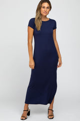 Navy Blue Short Sleeve Side Slit Maternity Maxi Dress