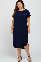 Navy Short Cuffed Sleeve Hi-Low Plus Dress